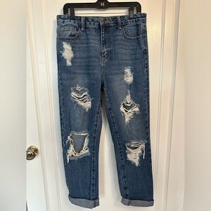 Fashion Nova Mid-Rise Dark Wash Distressed Jeans